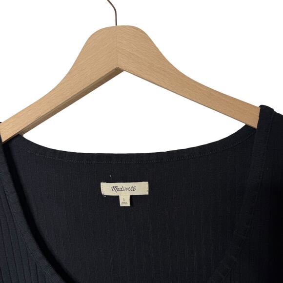 Madewell Ribbed Cardigan Crop Tee Button Down Scoop Neck True Black Large - Picture 4 of 7